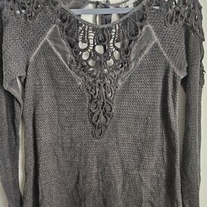 Gimmicks by BKE Gray Crochet Detail Top